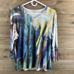 Jess & Jane Womens Shirt 3/4 Sleeve Vneck Embellished Bling Abstract Artsy Large